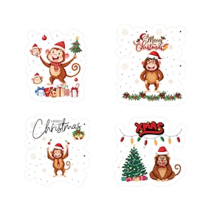 Festive Kiss-Cut Stickers, Christmas Stickers, Holiday Decor, Cute Monkey Stickers, Gift Tags, Party Favors