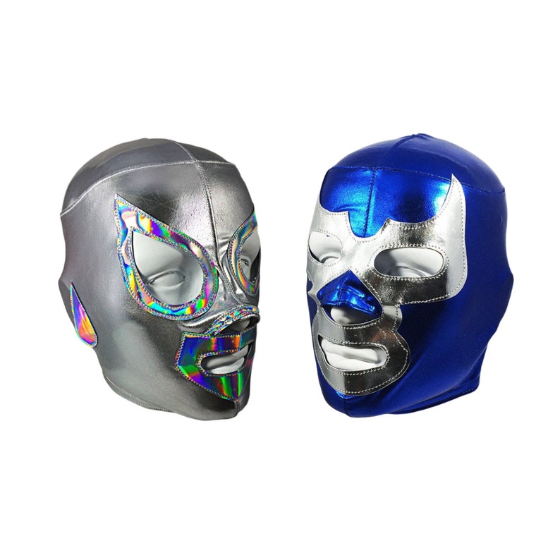May include: Two wrestling masks. One is silver with iridescent accents around the eye and mouth openings. The other is blue with silver accents. Both masks have white eye and mouth openings.