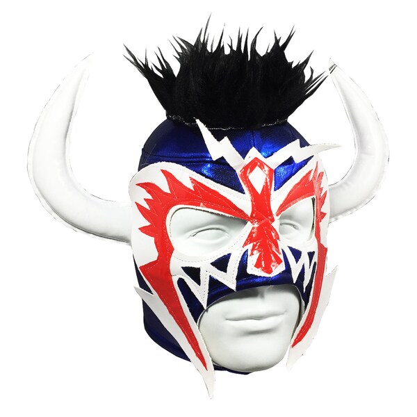 BULL HORN Lucha Libre Wrestling Mask - (Adult Size) Brand New - Blue/White/Red