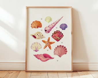 Stampa artistica di conchiglie, decorazione per la casa sulla spiaggia in stile pastello, download immediato