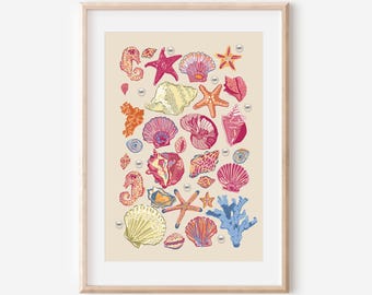 Seashell Wall Art Colorful Coastal Beach House Decor Digital Download Poster