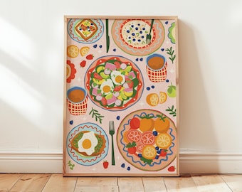Puede incluir: Un fondo rosa con una variedad de platos y cuencos coloridos llenos de alimentos para el desayuno. Los platos presentan huevos, fruta y tostadas. También hay tazas de té o café en la mesa.