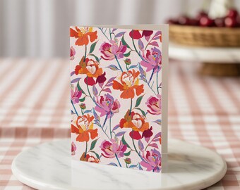 Peony Floral Greeting Card, Bright Pink & Orange (Digital Download)