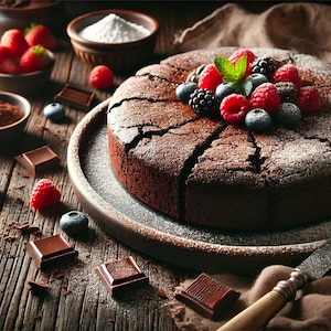 以下が含まれることがあります： 粉砂糖をまぶしたチョコレートケーキで、新鮮なラズベリー、ブルーベリー、ブラックベリーがトッピングされています。ケーキは濃い茶色の皿の上にあり、チョコレートの四角形とココアパウダーが置かれた木製のテーブルの上にあります。