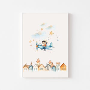 Kinderzimmer Poster A4 - Kleiner Pilot unter Sternenhimmel | Wandbild fürs Jungenzimmer | Kunstdruck Kinder | Flugzeug Poster A4 | Deko Kind