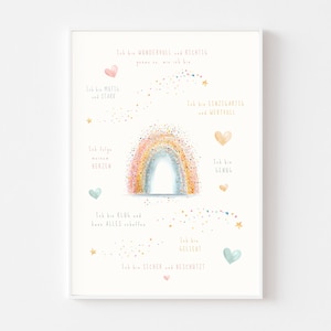 Könnte beinhalten: Ein weißer Kunstdruck mit einem zentralen Regenbogen aus bunten Punkten. Der Druck enthält deutsche Textphrasen wie Ich bin WUNDERVOLL und RICHTIG, Ich bin MUTIG und STARK, Ich bin EINZIGARTIG und WERTVOLL, Ich folge meinem HERZEN, Ich bin GENUG, Ich bin KLUG und kann ALLES schaffen, Ich bin GELIEBT und Ich bin SICHER und BESCHUTZT, akzentuiert mit kleinen Sternen und Herzen.