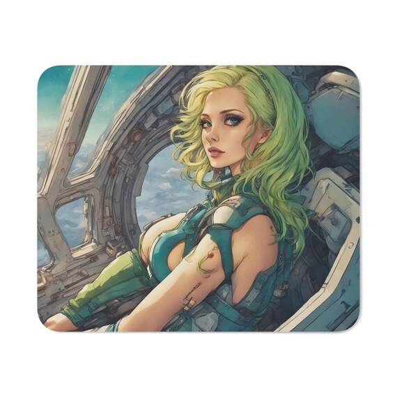 Celestial spaceship mousepad, one girl spaceship, outer space, girl in space, alien girl in space, office remote accessory, cosmic scene