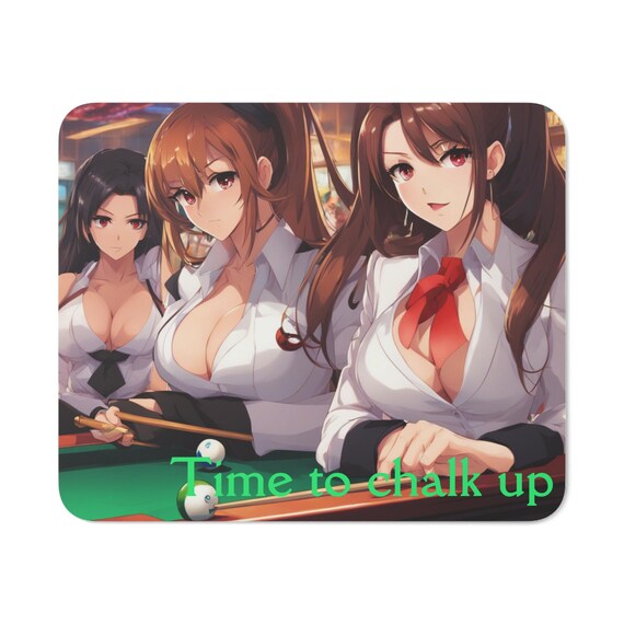 Mouse pad of Girls playing billiards saying chalk instead of talk to make point.  Office girls playing pool after work pool billiard party