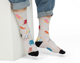 Beach chair sock summer light beige socks tan socks with beach scene beach chairs unisex casual summer beach socks