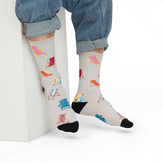 Beach chair sock summer light beige socks tan socks with beach scene beach chairs unisex casual summer beach socks