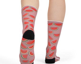 Socks with watermelon for men or women Summer Watermelon Design red background for watermelon slices on socks