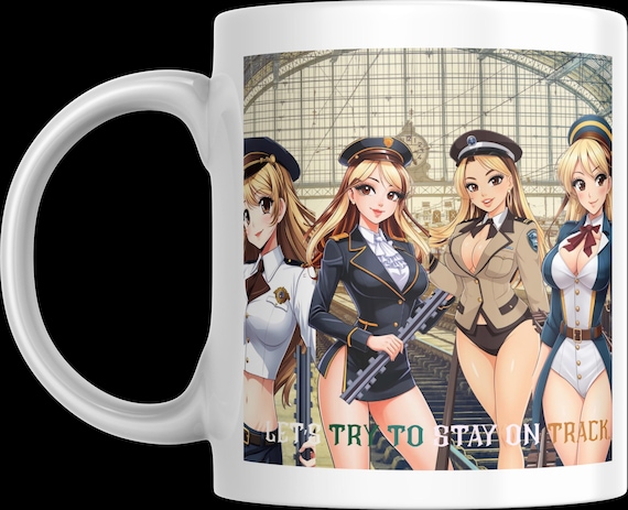 Train mug, railroad station girl conductor Anime-Inspired Accent Coffee Mug, Fun Gift for Coffee Lovers, Unique Artwork, remote workplace