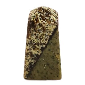 May include: A rectangular, polished stone with a flat base and a rounded top. The stone is divided diagonally, with a speckled tan and brown section on one side and a mottled green section on the other. The stone has a natural, earthy appearance.