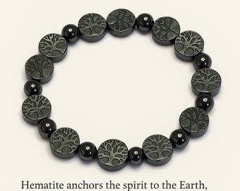 Baum des Lebens Hämatit Armband • 10 mm Scheiben & 8 mm Perlen • 17 cm • 18g • Erdung • Stärke • Balance • Wurzelchakra Energie Work Series