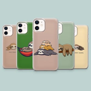 May include: A collection of phone cases with sloth illustrations. The cases feature various sloth designs, including sloths in a hammock, on a branch, and stacked on top of each other. Each case has a different color background.