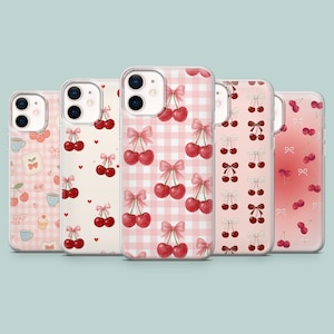 Cherry Pink Girly Phone Case Cherries Bows Coquette Cover for iPhone 16 15 14 13 12 11 Samsung S25Ultra S24 S23FE A25 A14 Pixel 9 8A 7Pro