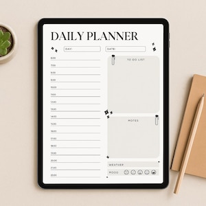 Puede incluir: Un planificador diario digital en una tableta negra. Incluye secciones para franjas horarias, una lista de tareas, notas, el tiempo y el seguimiento del estado de ánimo. El texto "DAILY PLANNER" está en la parte superior.