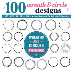 Könnte beinhalten: Eine digitale Sammlung von 100 Kranz- und Kreisdesigns in schwarzer Tinte auf weißem Hintergrund. Der Text lautet 100 wreath & circle designs, SVG DXF AI EPS PNG und WREATHS AND CIRCLES SVG BUNDLE. Enthält verschiedene Blumen-, Herz- und Sternmotive.