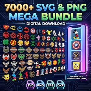 Op de afbeelding: Een digitaal downloadpakket met meer dan 7000 SVG- en PNG-bestanden. De afbeelding toont een grote verzameling kleurrijke karakterpictogrammen, logo's en silhouetten, met een smartphone die vier voorbeelden en bestandsindelingen weergeeft.