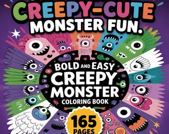Puede incluir: Una portada de libro para colorear digital con el texto 165 PAGES OF CREEPY-CUTE MONSTER FUN. BOLD AND EASY CREEPY MONSTER COLORING BOOK. El diseño muestra una disposición circular de monstruos coloridos estilo caricatura sobre un fondo morado.