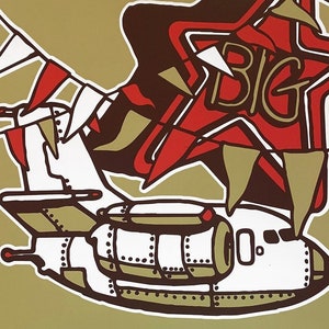 May include: A poster for the Flatstock3 Poster Show, held August 30th to September 1st at the Seattle Center. The poster features a red and brown illustration of a star with the word "BIG" inside, and a white airplane with brown details.