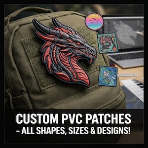 Puede incluir: Imagen de un parche de PVC personalizado con un diseño de cabeza de dragón rojo y negro. También se ven parches adicionales con varios diseños. El texto "CUSTOM PVC PATCHES - ALL SHAPES, SIZES & DESIGNS!" se muestra en la parte inferior.