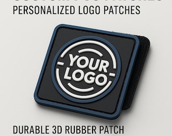 May include: A square, black PVC patch with a blue border and white text that reads "YOUR LOGO" in a circular design. The patch is labeled "CUSTOM PVC PATCHES" and "PERSONALIZED LOGO PATCHES". The bottom text reads "DURABLE 3D RUBBER PATCH WITH VELCRO OR SEW-ON BACKING".