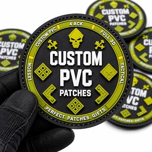 May include: A circular black and lime green PVC patch featuring a central skull icon, the text CUSTOM PVC PATCHES, and various geometric symbols. The border includes the text 4 ACK, FULL 3D, LESSON, TACTICAL, and PERFECT PATCHES GIFTS.
