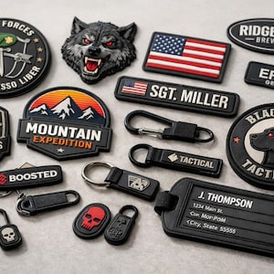 May include: A selection of black and white patches and keychains. Designs include an American flag, a wolf head, and text such as "SPECIAL FORCES", "MOUNTAIN EXPEDITION", and "TACTICAL".