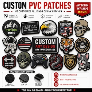 May include: A collection of custom PVC patches in various shapes and designs. Patches include an astronaut, eagle, skull, tiger, and more. The image also shows backing options and text that reads "Custom PVC Patches."