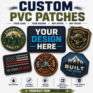 May include: A collection of six custom PVC patches in various shapes and colors. Designs include a mountain landscape with 'ADVENTURE AWAITS', a skull with 'TACTICAL PRO GEAR', a flag with 'WE HONOR WE SERVE', and a fire department emblem.