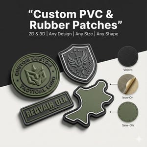 Op de afbeelding: Een assortiment op maat gemaakte PVC- en rubberen patches in verschillende vormen en ontwerpen. De patches omvatten een ronde patch met een tactisch logo, een schildvormige patch met een zwaard en vleugels en een rechthoekige patch met de tekst "REDVAIR OLN". De afbeelding toont ook klittenband, opstrijk- en opnaai-opties.