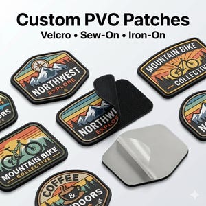 May include: Custom PVC patches with the text "Custom PVC Patches" and options for Velcro, sew-on, and iron-on. The patches feature outdoor-themed designs, including mountains, a compass, and a bicycle. The patches are in various shapes and sizes.