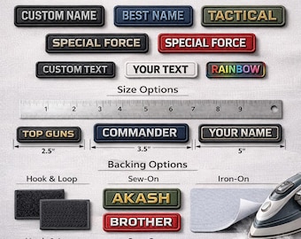 May include: Custom PVC rubber name patches in various colors and sizes. Options include hook & loop, sew-on, and iron-on backing. Patches feature 3D text and include the text "CUSTOM NAME", "BEST NAME", "TACTICAL", "SPECIAL FORCE", and "YOUR NAME".