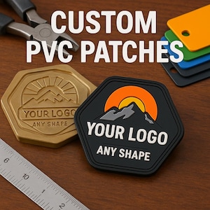 May include: Custom PVC patches in various colours and shapes. One patch is gold with a mountain and sun design, the other is black with a mountain and sun design. The text "YOUR LOGO ANY SHAPE" is displayed on both patches.