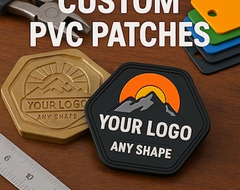 May include: Custom PVC patches in various colors and shapes. One patch is gold with a mountain and sun design, the other is black with a mountain and sun design. The text "YOUR LOGO ANY SHAPE" is displayed on both patches.