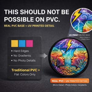 May include: Image showcasing a comparison of PVC printing techniques. The image features text that reads "THIS SHOULD NOT BE POSSIBLE ON PVC." and "REAL PVC + UV PRINTED DETAIL." A circular design with two faces and a lightning bolt is also shown.