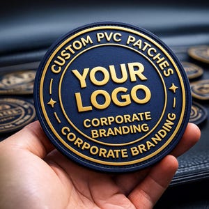 Può includere: Una toppa rotonda in PVC blu navy con scritte dorate. Il testo recita "CUSTOM PVC PATCHES", "YOUR LOGO" e "CORPORATE BRANDING". La toppa è tenuta in mano.