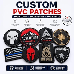 May include: A collection of custom PVC patches featuring various designs including a skull, a mountain landscape with the text ADVENTURE AWAITS, a compass, a thin blue line flag, a red spartan helmet, a K9 unit dog, and a security shield.