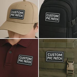 May include: A collection of items featuring a rectangular PVC patch with the text "CUSTOM PVC PATCH" in white on a black background. The patch is displayed on a tan baseball cap, a black backpack, a maroon polo shirt, and an olive green tactical vest.
