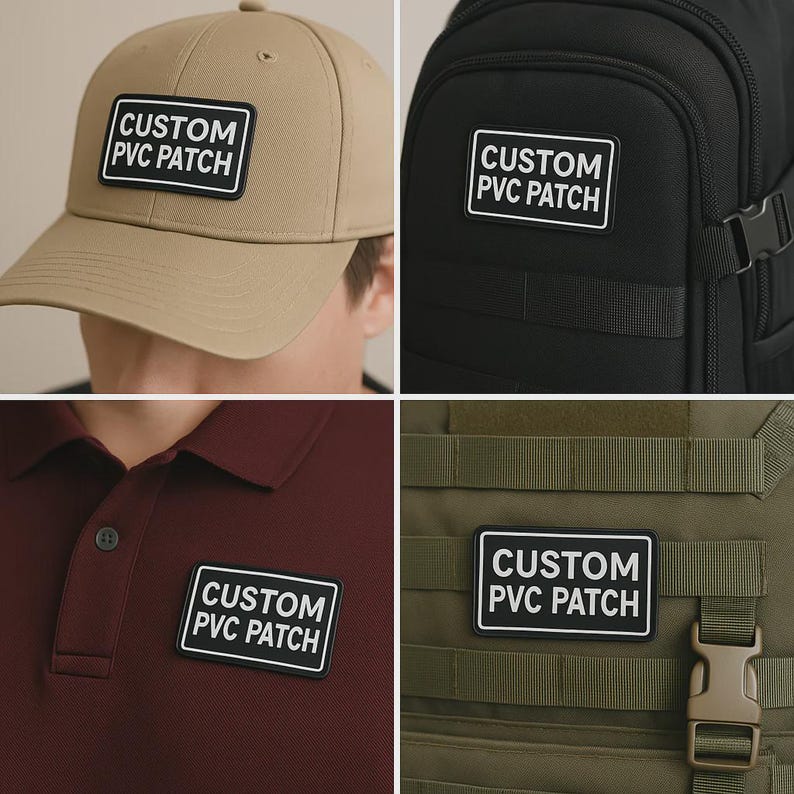 May include: A collection of items featuring a rectangular PVC patch with the text "CUSTOM PVC PATCH" in white on a black background. The patch is displayed on a tan baseball cap, a black backpack, a maroon polo shirt, and an olive green tactical vest.
