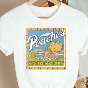 Vintage Peaches Records and Tapes Shirt Retro Graphic Music Tee 70s Style Album Cover Shirt Old School Record Store TShirt for Women
