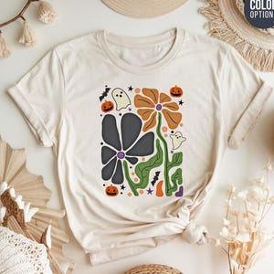 Halloween Summer Shirt Floral Ghost Shirt Summerween  Halloween Tshirts Spooky Season Halloween Outfits Women Flower Tee