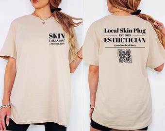 Camiseta de esteticista personalizada con código QR. Camiseta de negocios para dermatólogos. Camiseta de uniforme local para dermatólogos. Camiseta promocional personalizada para el cuidado de la piel.