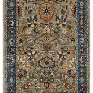 Floral Heriz Wool Rug – 4x5.75 ft, Blue and Grey, Handmade & Eco-Dyed