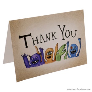 May include: Thank You card with a brown background and five colorful cartoon monsters with different expressions. The monsters are waving and smiling.