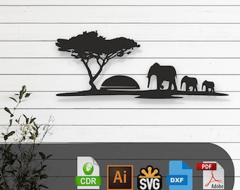 Elephant Africa Scenary Silhouette Laser Cut, Vector Files – SVG, DXF, Ai, Glowforge, Cricut, CNC, Metal Wall Art, Digital Instant Download