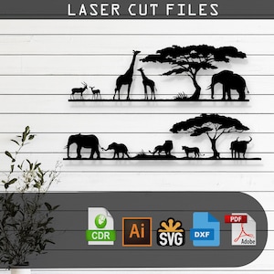 May include: A digital download of laser cut files for a silhouette design of African animals. The design includes a giraffe, elephant, zebra, lion, and antelope. The files are available in CDR, AI, SVG, DXF, and PDF formats.