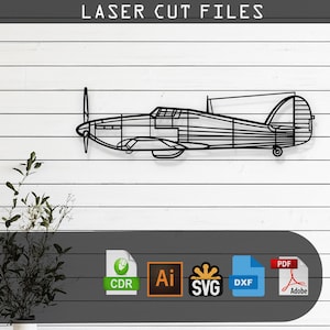 May include: Black metal laser cut airplane wall art. The airplane is a side profile with a propeller and a detailed outline. The text "LASER CUT FILES" is at the top. The image also includes file type icons for CDR, AI, SVG, DXF, and PDF.