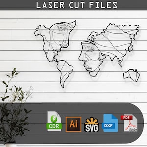 May include: A black and white line art design of a world map with two faces, one on each side of the map. The design is for laser cutting and comes in CDR, AI, SVG, DXF, and PDF formats.